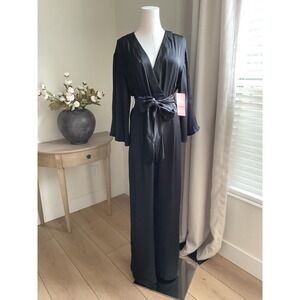 Truth & Fable Womens Black Satin Wrap Kimono Sleeve Wide Leg Jumpsuit NWT